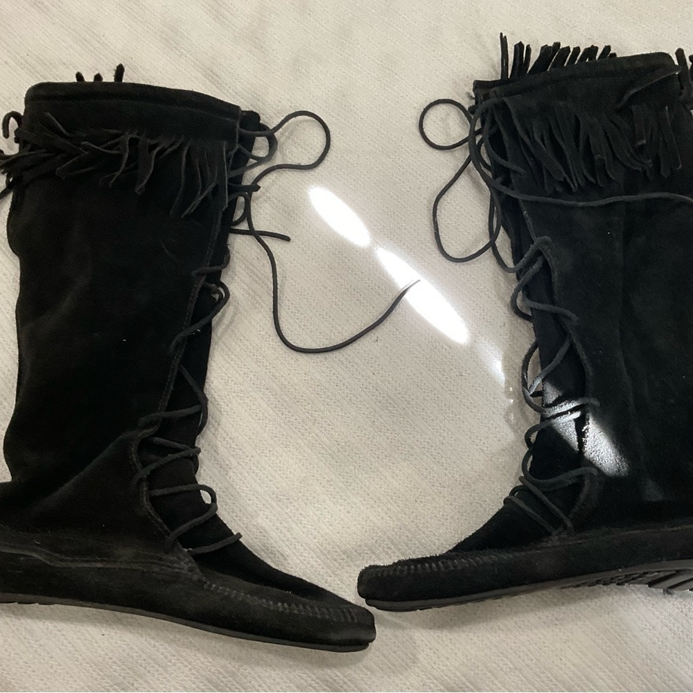 Minnetonka Black Suede Fringe Lace-Up Boots